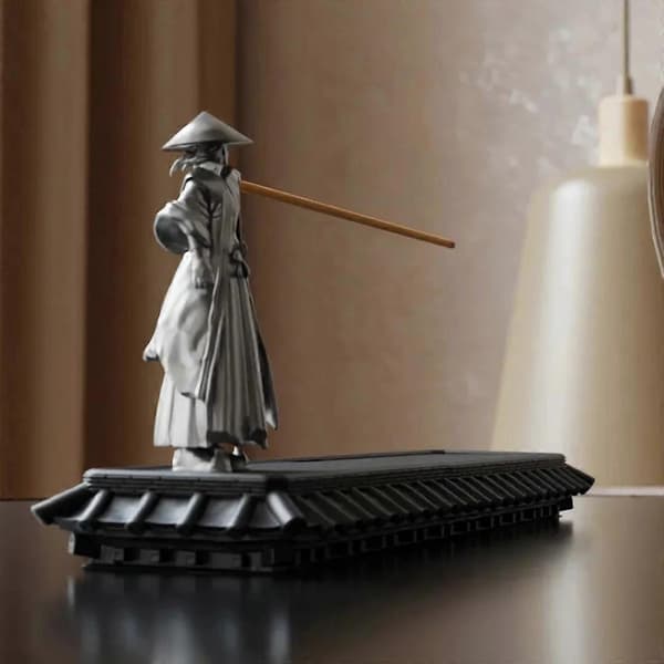 Samurai-formet røkelsespinneholder med askefanger Zen-skrivebordsstatue for studierom hjemmedekorasjon (D)