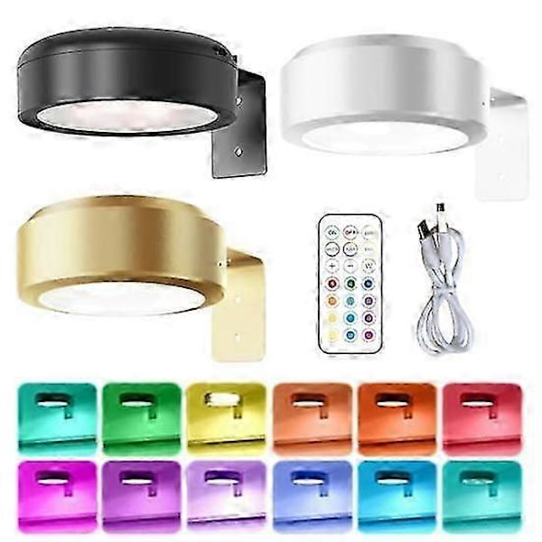 Väggmonterad Trådlös Tavellampa med Fjärrkontroll Dimbar Batteridriven Justerbar 13-Färgs RGB Målningslampa[D] golden 2pcs