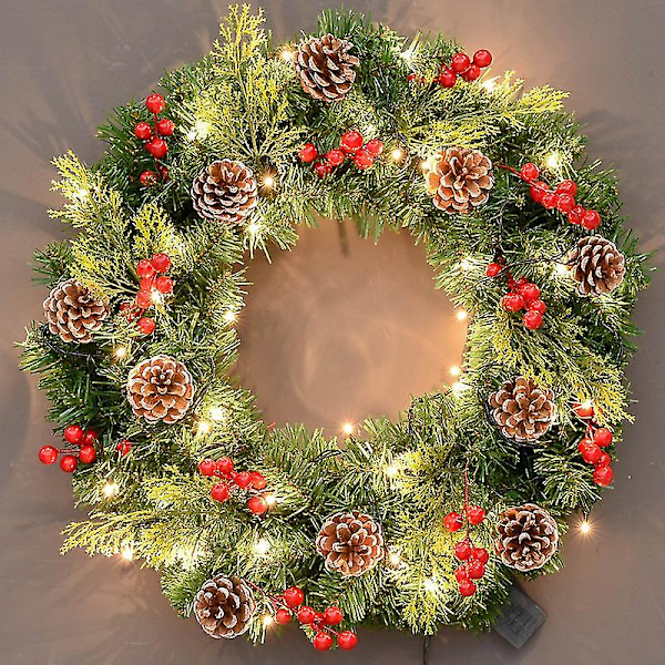 Lysende Kunstig Julekrans Med Snøeffekt, Blandede Pynt Og Forhåndsmonterte Hvite LED-Lys