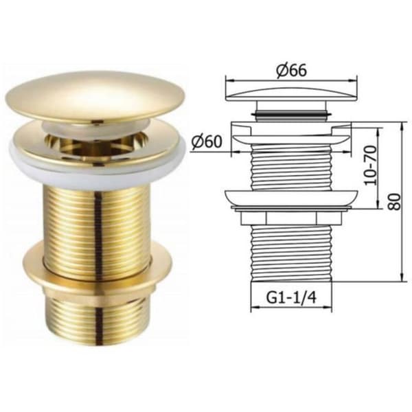 Solid messing delt vaskavløp, rund form, sopphode, kuppelformet, gullfinish, for bad og kjøkken, britiske standardbeslag (D)