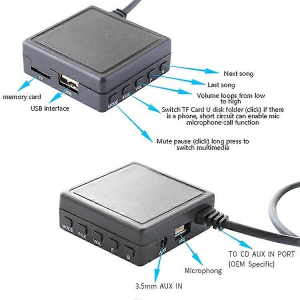 Bil 5.0 AUX USB Musik Trådlös Ljudkabel Mikrofonadapter för Pioneer Radio IP-BUS P99 P01 black
