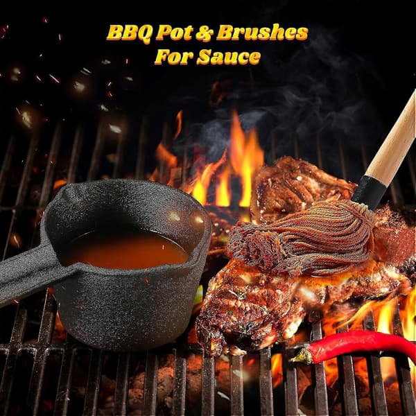 Støbejerns Saucegryde og BBQ Moppe Børstesæt til Grillning, 6 stk. Grilltilbehør Inkluderer 710 ml [D]