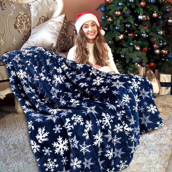 Julekastetæppe, jule-sofatæppe med julemand, rensdyr & snefnugprint, flannel vinter varm sofadekoration[D] D 100*150cm