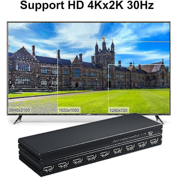 8-ports 1 in 8 ut 1x8 HDMI-delare ljudvideo 1080P Hub för HD HDTV 4K 3D DVD