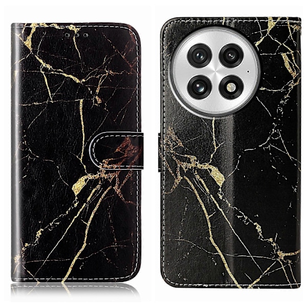 Marmor Lærtelefonveske For OnePlus 13 Black Gold Marble