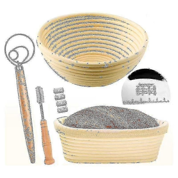 Brödjästningskorg Set Om 2 Med Kit - Rund Och Oval Bröd Bakform - Brödkniv - Deg Skrapa
