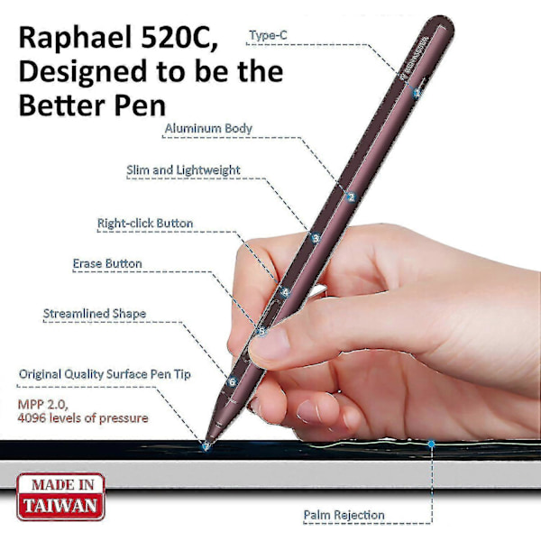 Raphael 520c Styluspenn for Surface, USB-C-lading, Designet i Houston, Passer til Surface Pro 9 & Pro 8/bærbar sølv