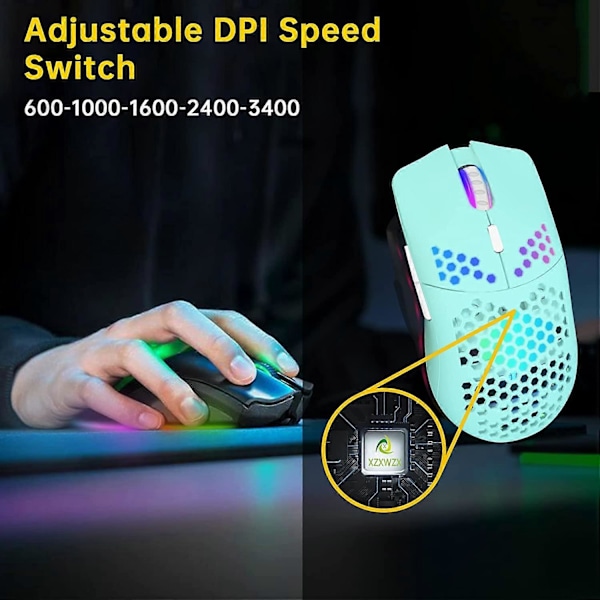 Trådlös Spelmus, Bikakeskal, 11 RGB-bakgrundsbelysning, 3 400 DPI, 6 Programmerbara Knappar, USB-mottagare, Energisparande.