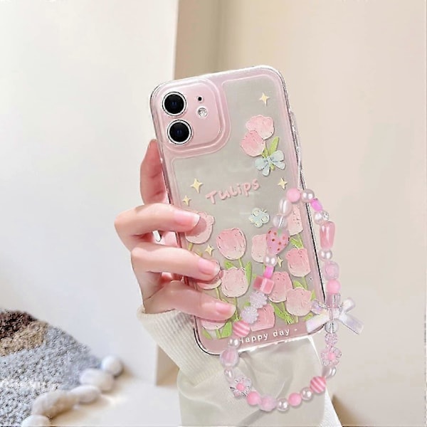 Yhteensopiva iPhone 7 -kotelon, iPhone 8 -kotelon, iPhone SE 2020/SE 2022 -kotelon kanssa, kukka- ja tulppaanikuvio, söpö rusetti, mansikkahelminauha, ohut Sof[D] iPhone 12 Mini-5.4 inch