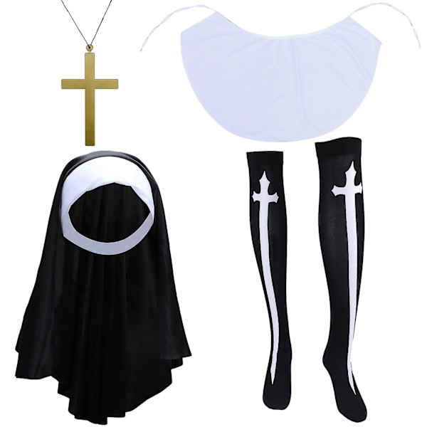 4pcs Women's Nun's Kit With Headpieceand Collar Cross And Sock