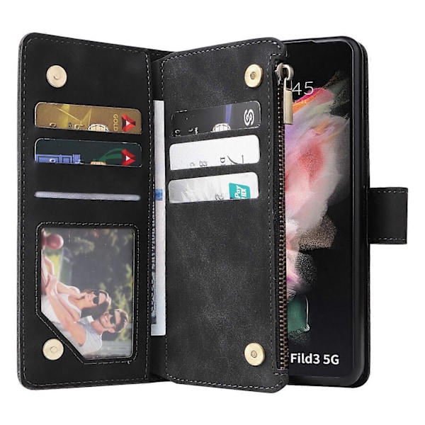 Fodral för Samsung Galaxy Z FOLD 3 5G Läder Magnetisk Handväska Dragkedja Fickficka Armband Kompatibel med Samsung Galaxy Z FOLD 3 5G Fodral