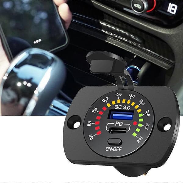 Dual USB Quick Charge Vandtæt Bilopladerstik med Farverig Voltmeter[D]