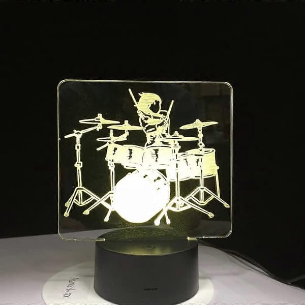 Trommesæt 3D LED Lampe Optisk Illusion Natlampe 7 Farveskiftende Touch Bordlamper Akryl Flad & Abs Base & USB Ledning[D]
