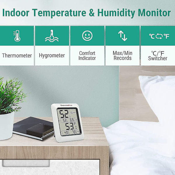 Thermopro Tp50 Digitalt Hygrometer Innendørtermometer Romtermometer Og Luftfuktighetsmåler Med Temperatur-Fuktighetsovervåking