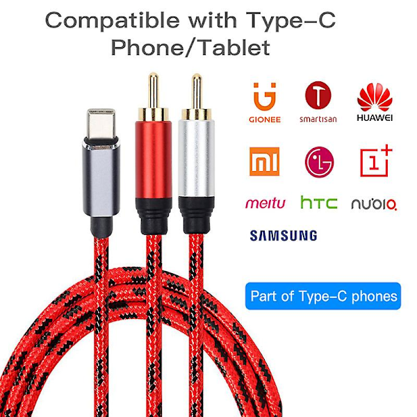 Type C USB Lydkabel USB C til 2 RCA Lydkabel Mobiltelefon Adapter Højttaler Tablet Hjemmebiograf og TV 1.5M