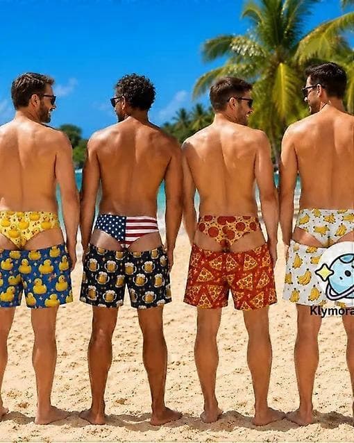 Roliga fejkade stringtrosor tryckta badbyxor för män, strandshorts sommarfest surfbadkläder (D) 1 M