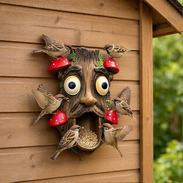 Sjovt træansigt hegnmonteret fuglefoderbræt, naturinspireret havekunst udendørs fuglefoderbræt til træer hegn stolper vægge (D) A