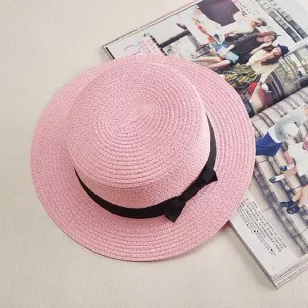 Panama Enkel Sommar Strandhatt Dam Casual Kvinna Platt Brätte Rosett Halmhatt Flickor Solhatt Chapeu Feminino(D) size,color army green
