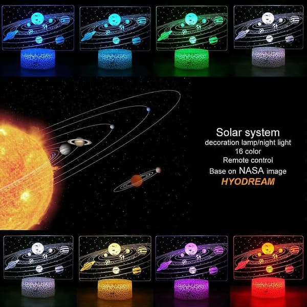 Sol System 3D Optisk Illusjon Sidebordslampe Univers Rom Galakse Nattlys for Barn, Romdekorasjonslys, Gave til Gutter og Jenter[D]