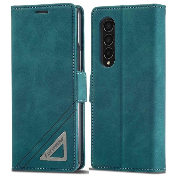 FORWENW støtsikker PU-lær stativ flip telefonveske for Samsung Galaxy Z Fold 4 Cyan