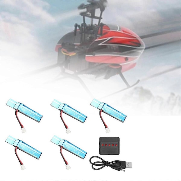 5 stk 3.7V 520Mah 30C Oppgradert Li-Po Batteri med USB-lader for XK K110S K110 V977 RC Helikopter Oppgraderingsdeler As Shown