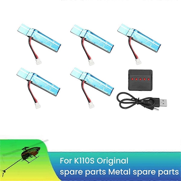 5 stk 3.7V 520Mah 30C Oppgradert Li-Po Batteri med USB-lader for XK K110S K110 V977 RC Helikopter Oppgraderingsdeler As Shown