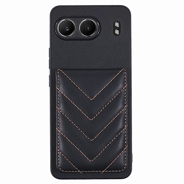 OnePlus Nord 4 puhelinkuori, vinoneliökuvioinen liimattava korttitasku jalustalla ja RFID-suojauksella - Musta[D]