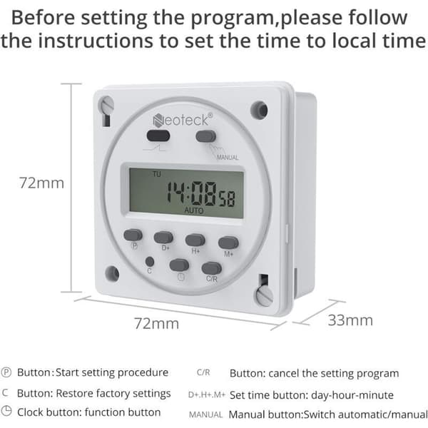 12V 16A Digital Timerkontakt med 16 Programmer, Programmerbar Klokke, Timer og LCD Digital Skjerm, Tyverisikring med Vanntett Hus/ 0.05