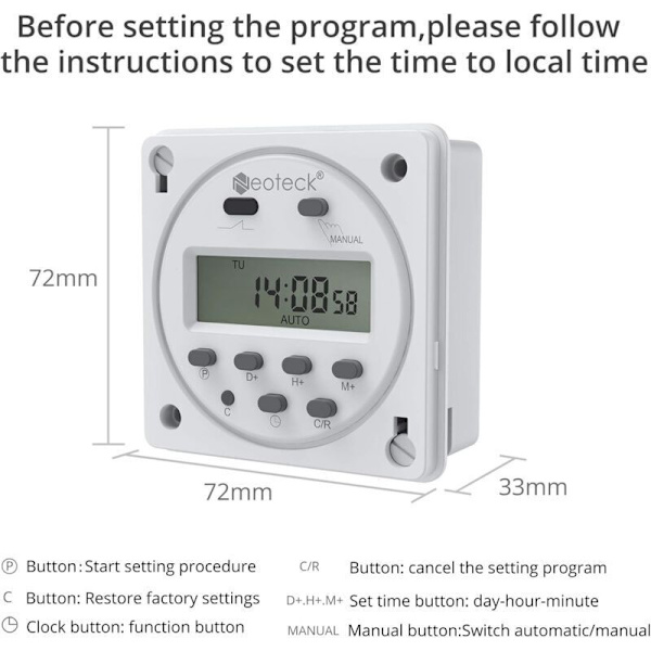 12V 16A Digital Timerstik med 16 Programmer, Programmerbart Ur, Timer og LCD Digitalt Display, Tyverisikring med Vandtæt Hus/ 0.05