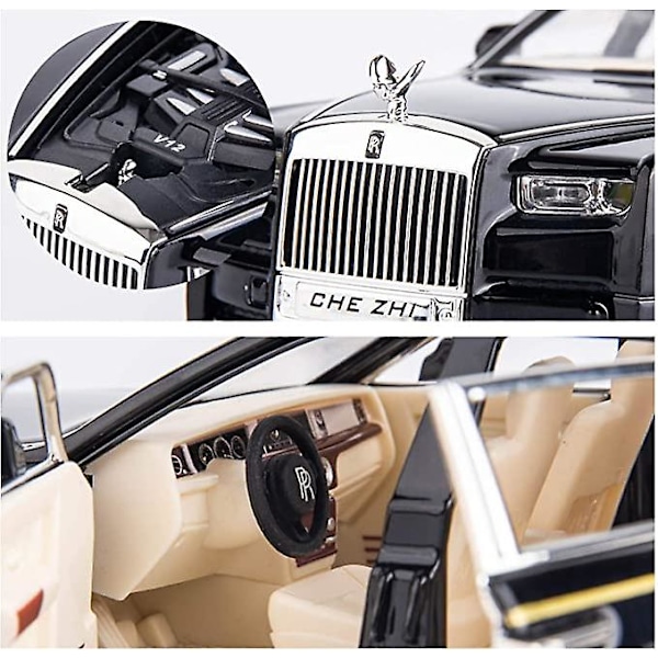 1/24 Rolls-royce Phantom -automalli, sinkkiseoksesta valmistettu vedettävä lelu, painevalettu leluauto äänellä ja valolla lapsille, pojille ja tytöille (musta)[D]
