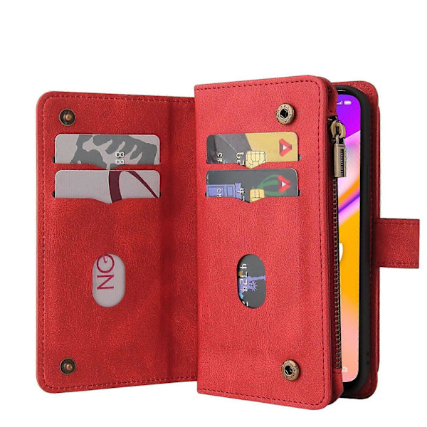 Kompatibel med OPPO A93 5G/A74 5G/A54 5G PU Lær Magnetisk Lukking Femten Kortspor Glidelås Lommebok Telefonveske[D] Red