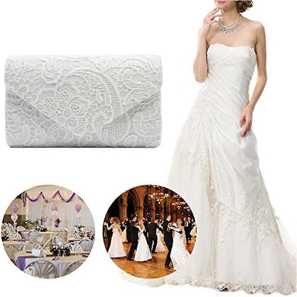 2023 NYHED - Elegant dame clutch med blomsterblonde, kuvert taske til aftenbrug og fest, hvid[D]