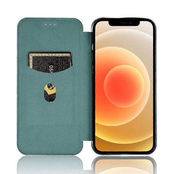 Kompatibel med iPhone 12 Karbonfiber Mønster Premium Flip-deksel med Kortholder Magnetisk Lukking[D] Green