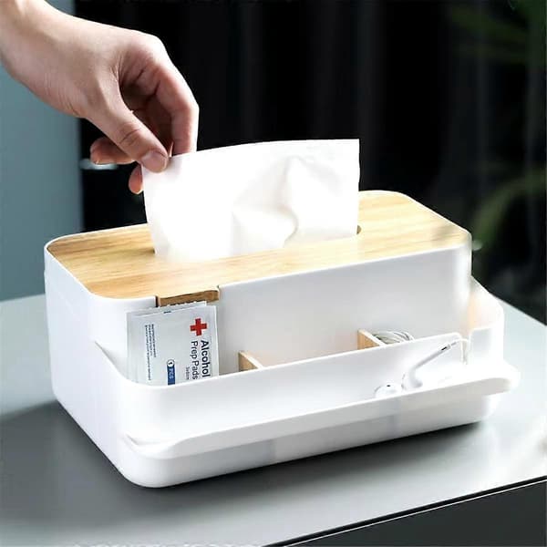 Multifunktionell Tissue Box Tissuehållare Distributör med Träorganisatör Kök Sovrum Dekoration[D] White