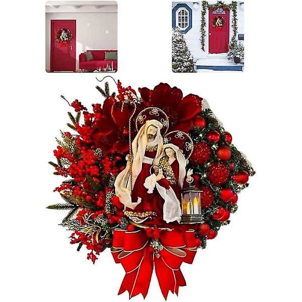 Lysende Julekrans med Nativitetsscene, Julepynt, Hellig Julekransdekorasjon C