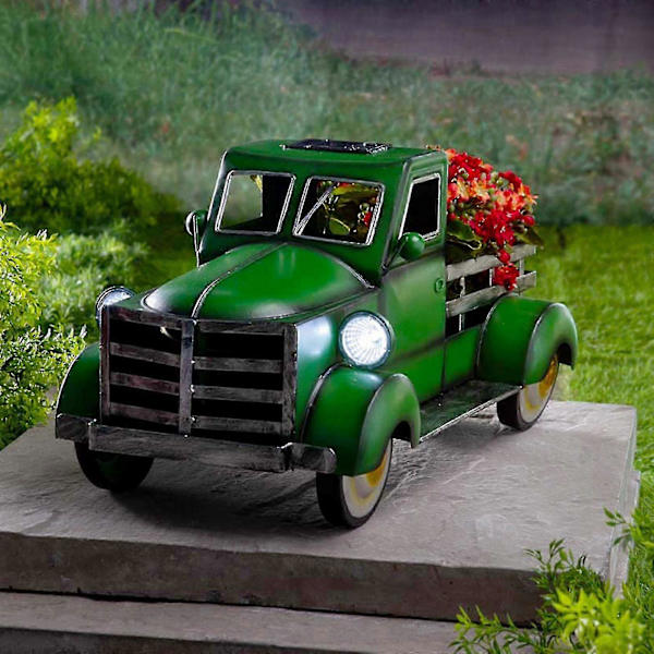 Retrotyylinen aurinkovoimalla toimiva lava-auto, luova kukkaruukku, käsintehty hartsikoriste LED-valolla puutarhaan [D] Beige