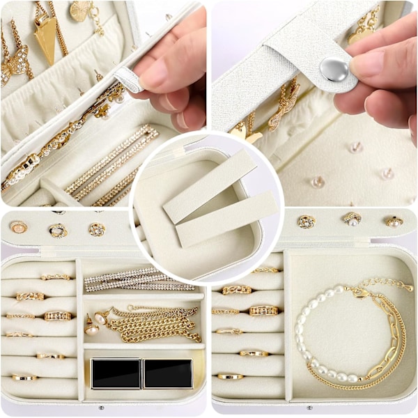 Liten researrangör för smycken, smyckeskrin för halsband, ringar, armband, örhängen, premium konstläder, smyckeskrin för kvinnor (vit)