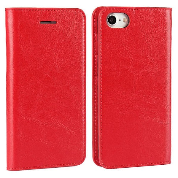 För iPhone SE (2020)/SE (2022)/8/7 4,7 tum Oljad Kant Crazy Horse Äkta Läder Fäst Hård PC Inre Fodral Plånbok Stativ Flipp Telefonfodral - Svart Red