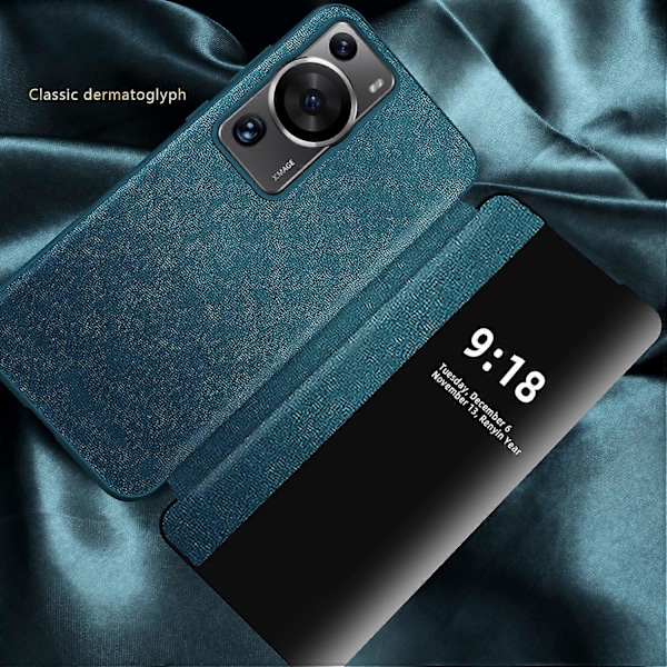 Anti-Fall Telefonveske for Huawei P60 Pro Visningsvindu Klaffdeksel PU Lær TPU Akryl Telefonbeskytter Blue