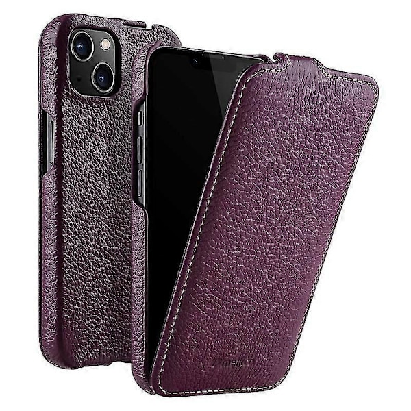 Vertikalt Flip-fodral för iPhone 13 i Litchi-struktur, äkta ko-läder + PC-skyddande skal Purple iPhone 13 6.1 inch
