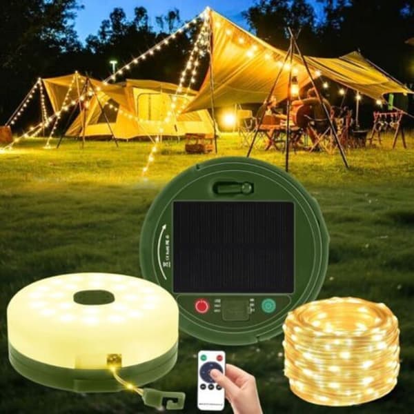 10M uttrekkbare lyslenker, solcelle- og USB-oppladbare LED-campinglyslenker med 8 lysmoduser, fjernkontroll, vanntett utendørs (D)