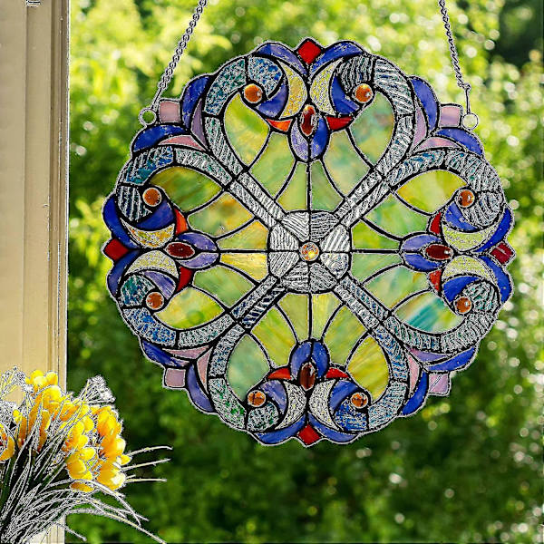 10 tum hög solfångare i målat glas, fönsterpanel blå gul röd[D]