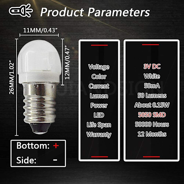 4 st 3v 0,2w E10 LED-lampor 5050 1smd Vit 3000k LED-lampersättning Uppgradering för strålkastare Ficklampor Fackellampor