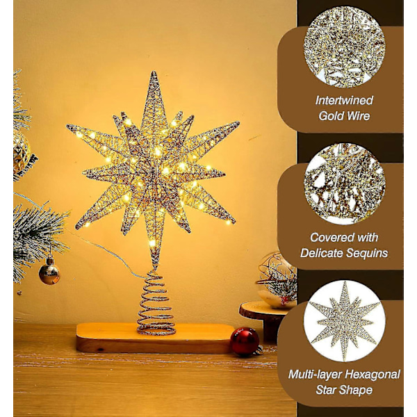 60 LED Lys Metallisk Stjerne Topper for Juletre Batteridrevet Moravisk Stjerne 3D Stjerne Tretopp Juletrepynt med 6H Timer, 13.78 tommer/