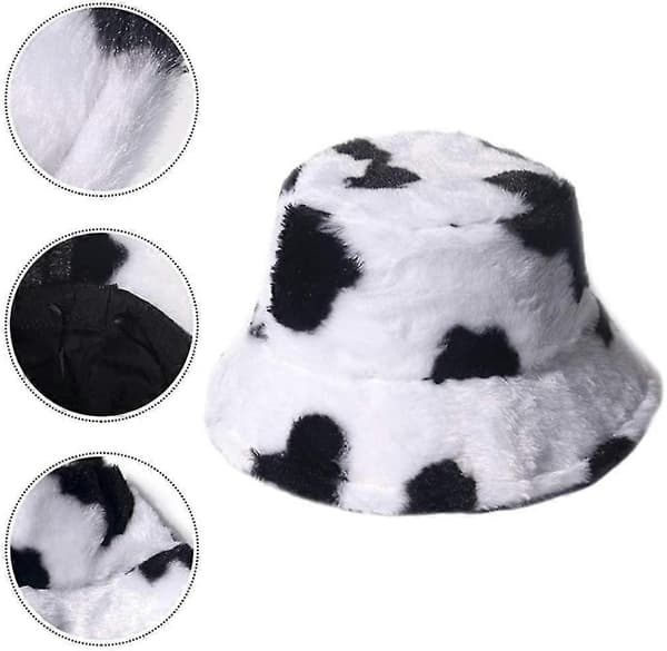 Spand Hat Ko Mønster Kunstpels Fiskerhat Pakkbar Fluffy Hat Vinterhatte til Mænd Kvinder[D]
