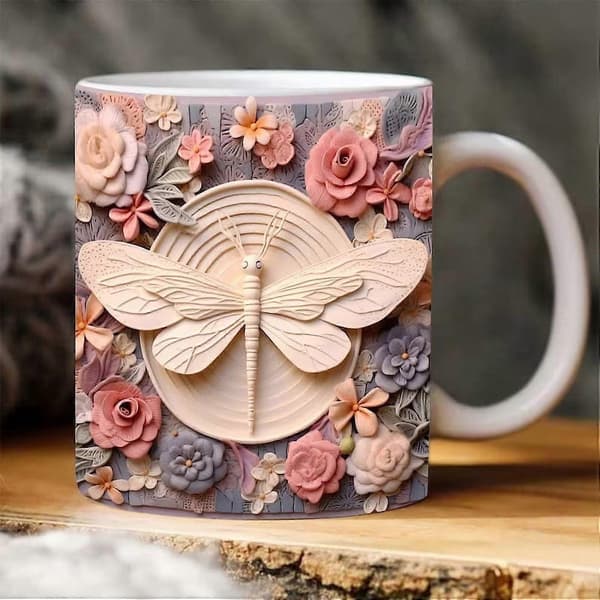 YOBOLK Rea Vattenflaskor Mugg 3 D Trollsländor Fjärilar Keramisk Kaffe Mark Kopp Te Vattenkopp[D]