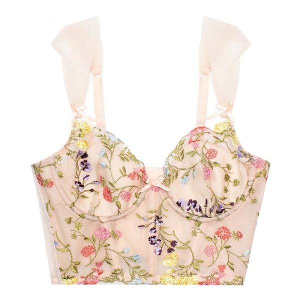Fransk Vår Blommig Broderi Underkläder Topp Romantisk Tunn Kupa med Vaddering Bralette Kvinnor Sexig Push Up Underkläder Söt Spets BH Beige[YJD] Beige M