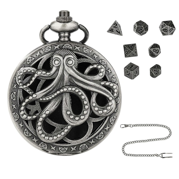 Mini DND Tärningssats Polyhedral Metalltärningar med Kedja Steampunk Växel Bläckfisk Fickur Tärningssats för Rollspel