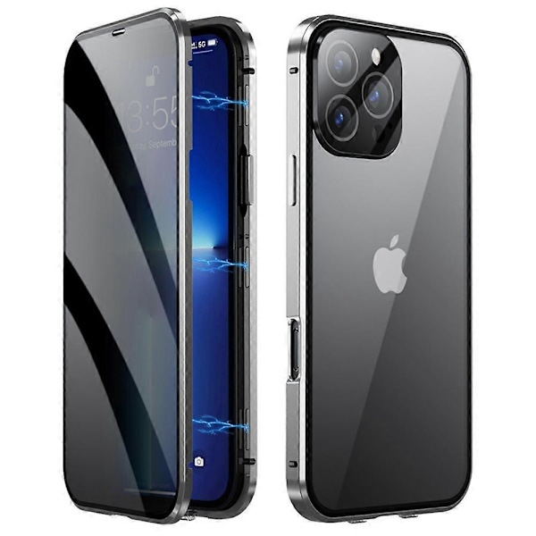 Skal för iPhone 16 Pro Max Anti-Spy Dubbelsidigt Härdat Glas+Magnetisk Metallram Telefonskal[D] Multicolor Silver