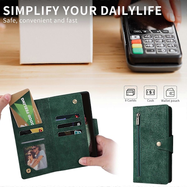 Etui for Samsung Galaxy A41 Magnetisk Lærveske med Glidelås Lommebok Kort Holder Kompatibel med Samsung Galaxy A41 Etui Green